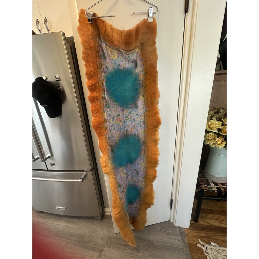 Hand Felted Artisan Mixed Media Fiber/Nuno-felt Wall Hang/scarf 75in Boho Psycho